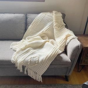 Vintage Hand Crocheted Chunky Afghan Throw Blanket White Fringes Boho 49" x 50"